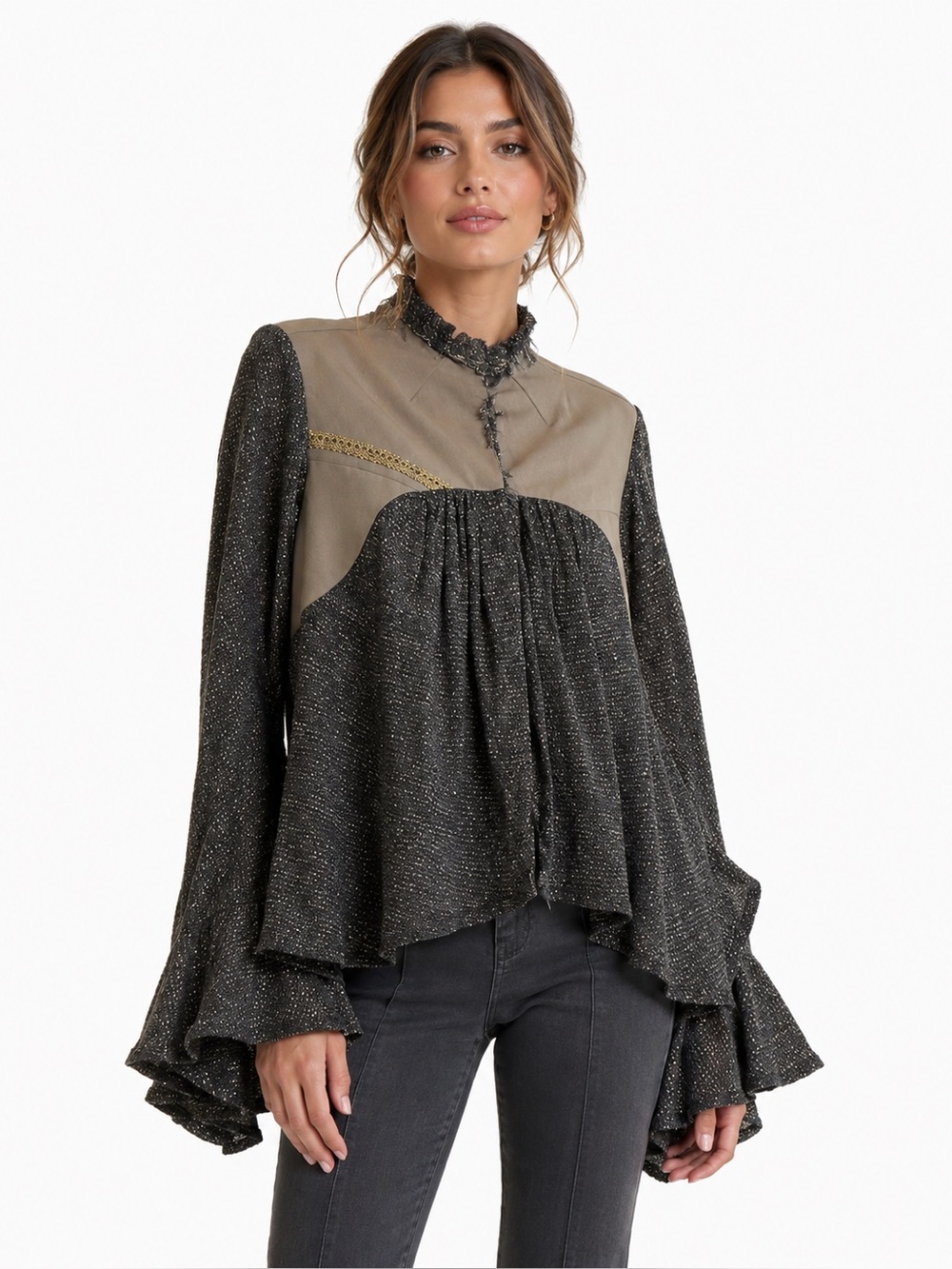 Gold fleck jacket with soft sweater fabric and angel sleeves